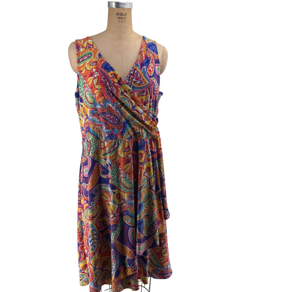 Lauren Ralph Lauren XL Multicolor Paisley Faux Wrap Sleeveless Jersey Dress